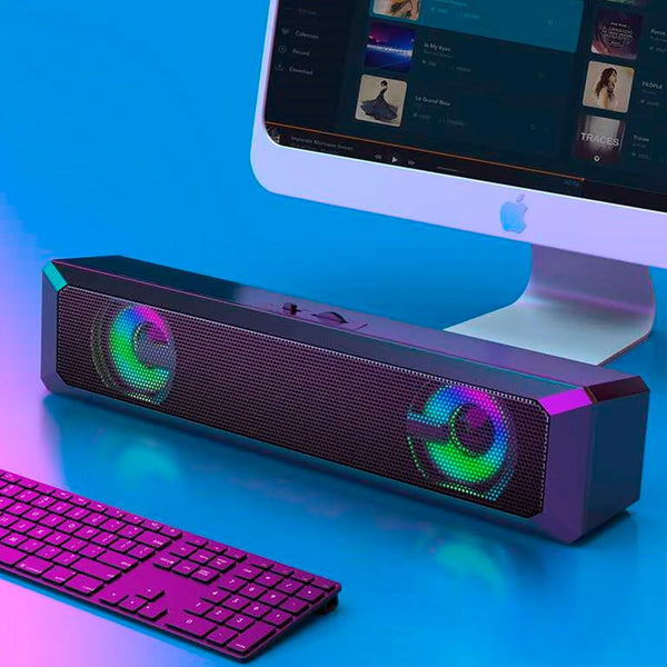 Caixa de Som Soundbar Gamer 6W USB P2 LED RGB TV PC Notebook Celular Tablet Som Potente HI FI Estéreo Plug Play Cabo Longo